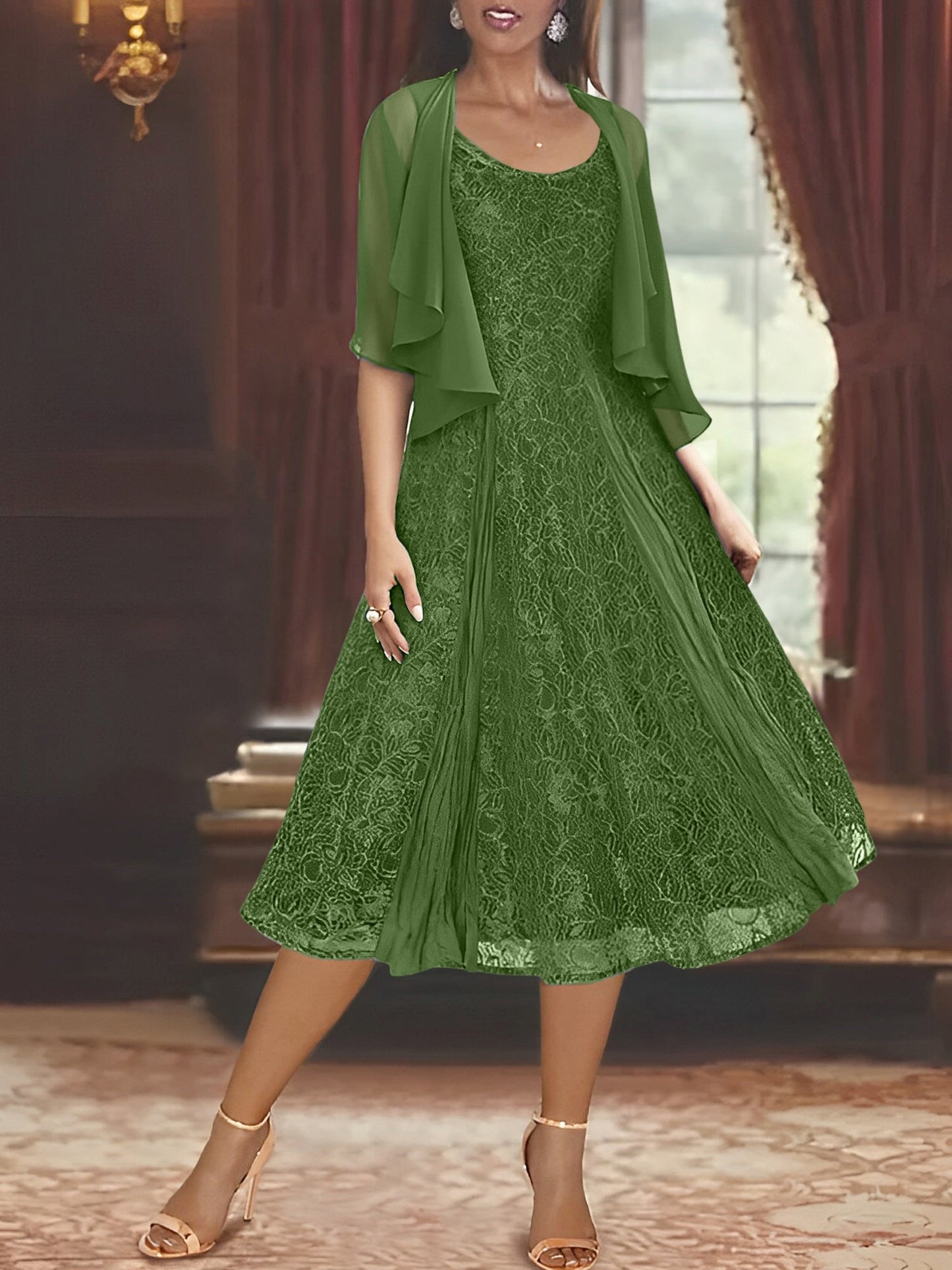 A-Line/Princess Scoop Half Sleeves Tea-Length Mother of the Bride Dresses with Appliques & Jackets