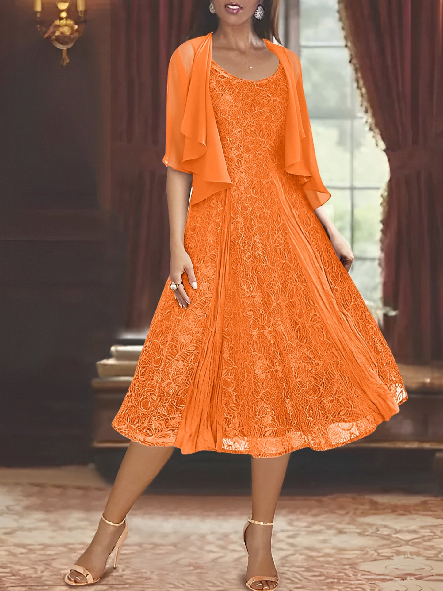 A-Line/Princess Scoop Half Sleeves Tea-Length Mother of the Bride Dresses with Appliques & Jackets