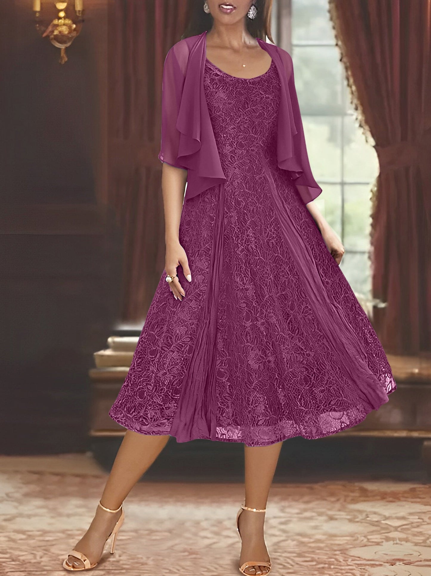 A-Line/Princess Scoop Half Sleeves Tea-Length Mother of the Bride Dresses with Appliques & Jackets