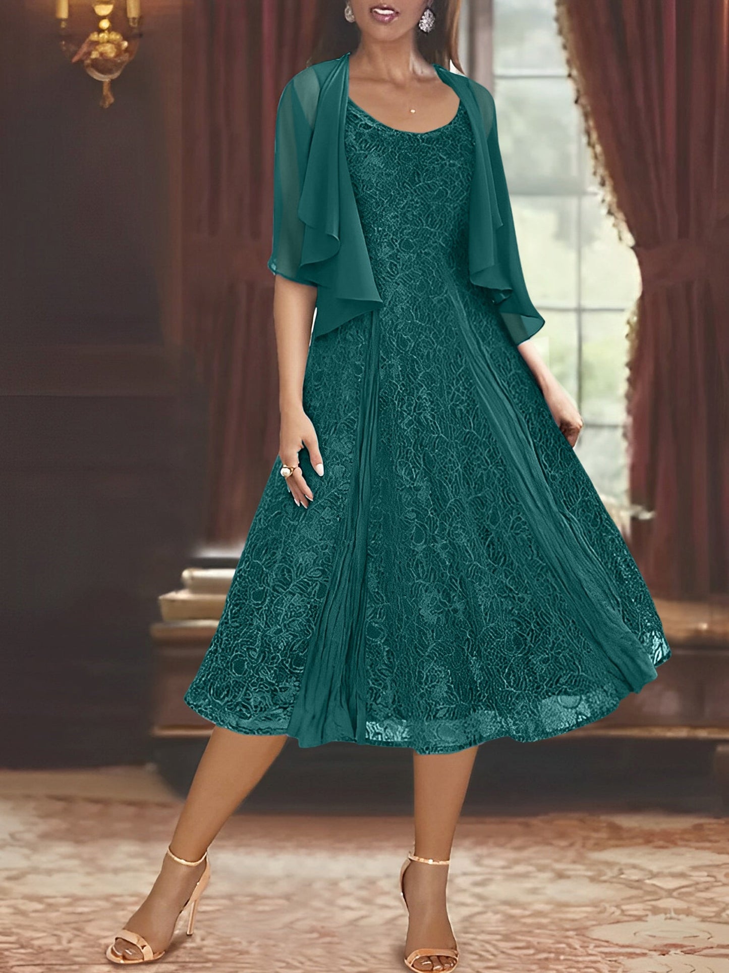 A-Line/Princess Scoop Half Sleeves Tea-Length Mother of the Bride Dresses with Appliques & Jackets