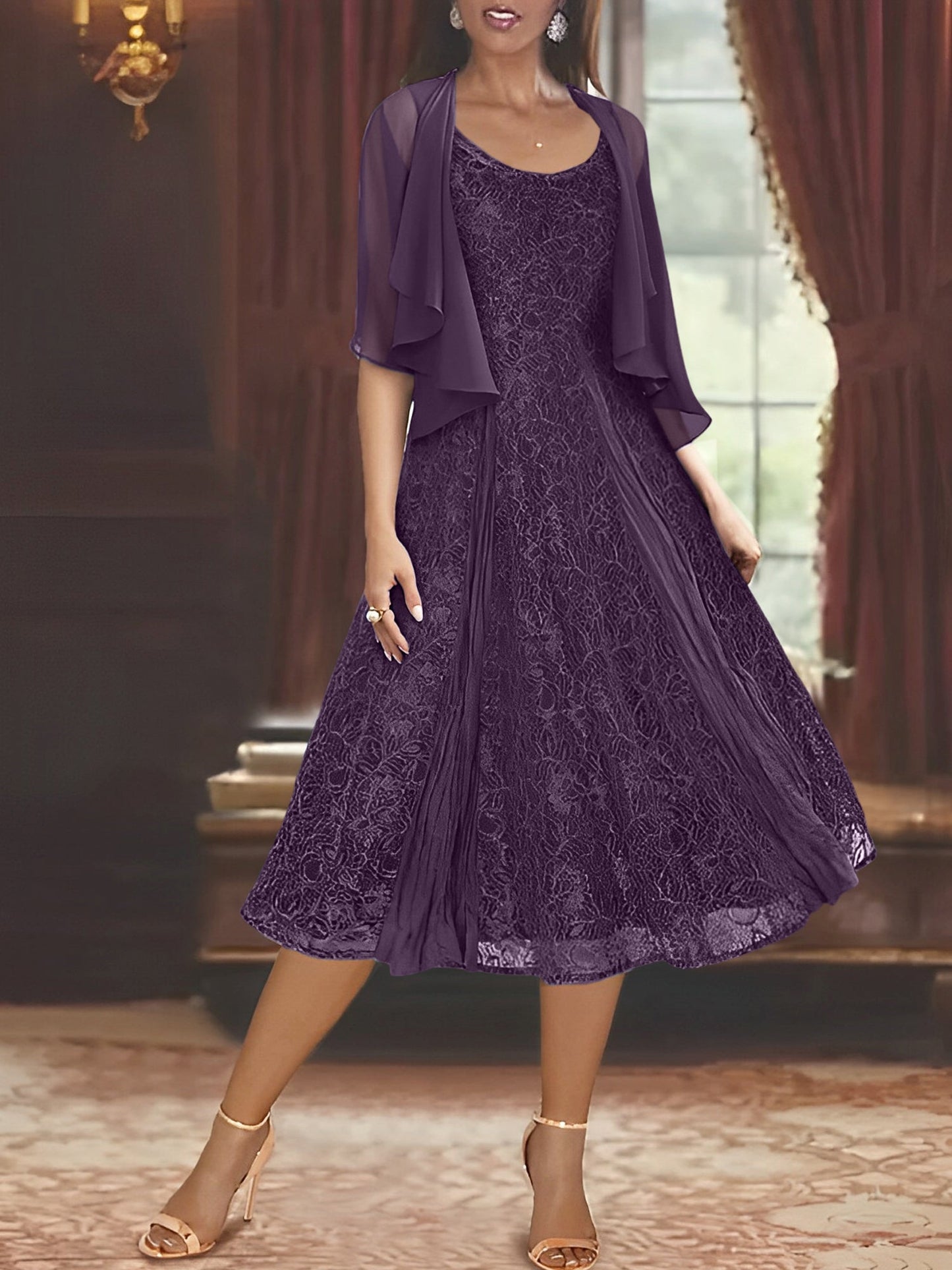 A-Line/Princess Scoop Half Sleeves Tea-Length Mother of the Bride Dresses with Appliques & Jackets