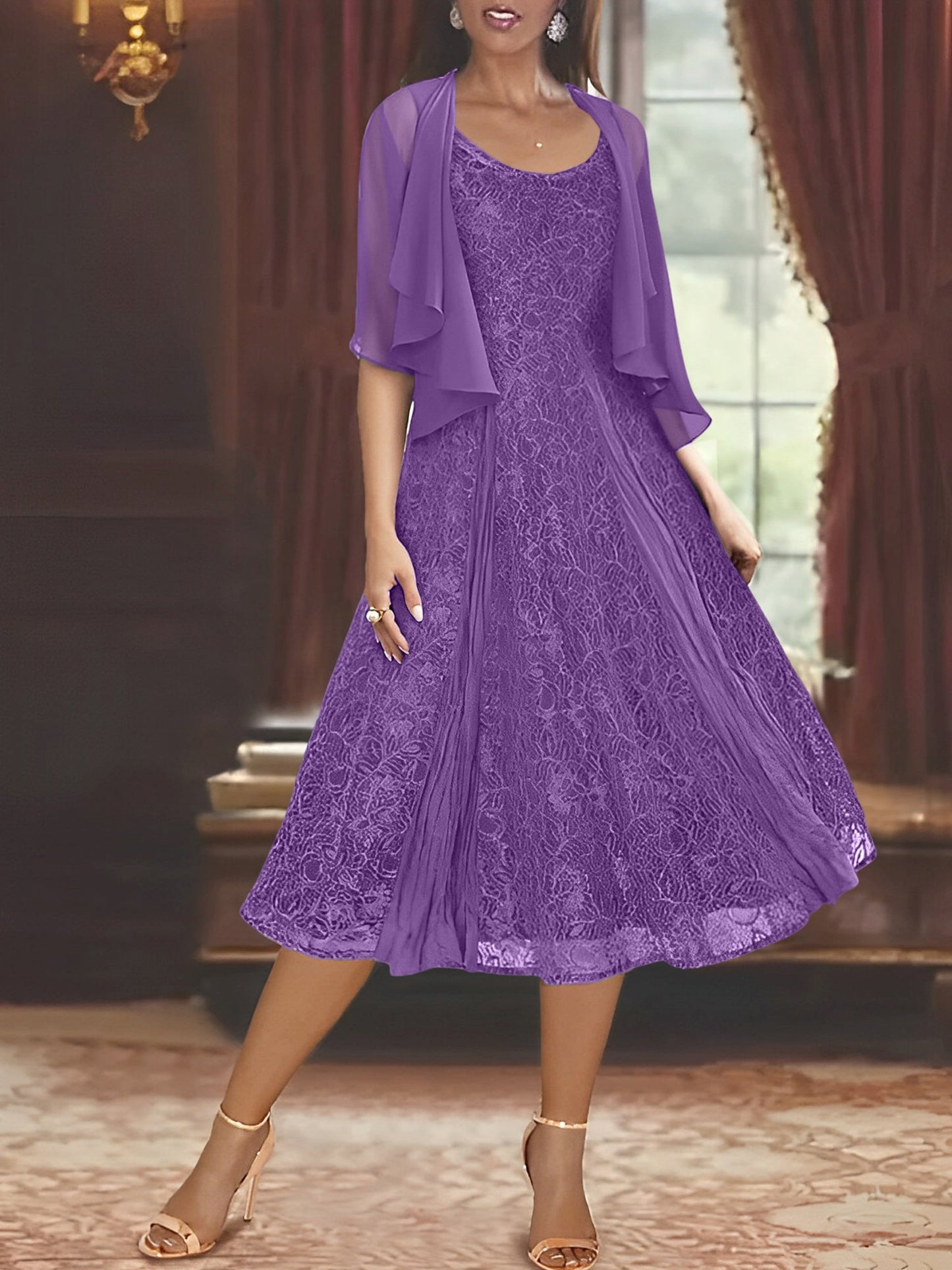 A-Line/Princess Scoop Half Sleeves Tea-Length Mother of the Bride Dresses with Appliques & Jackets