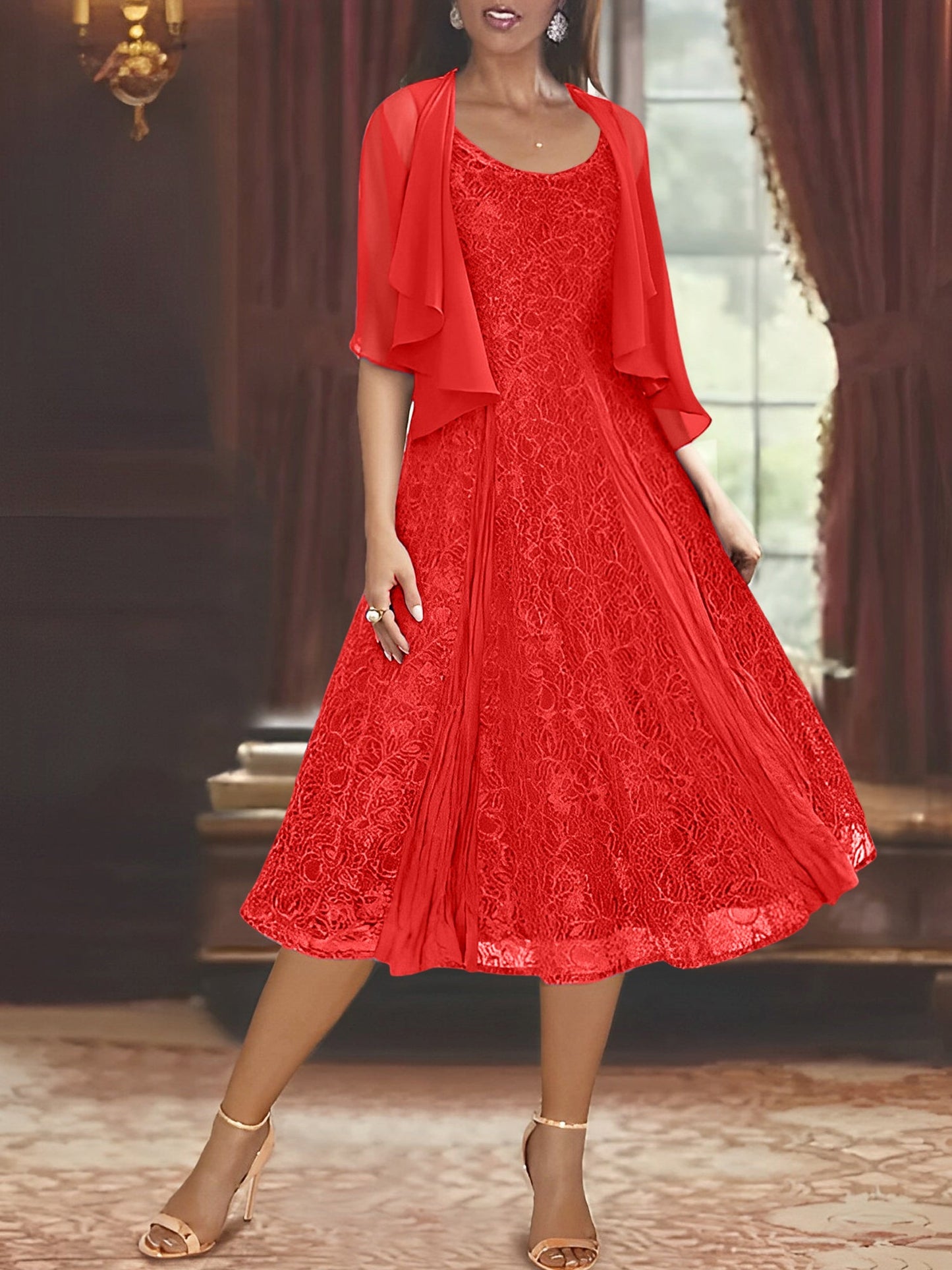 A-Line/Princess Scoop Half Sleeves Tea-Length Mother of the Bride Dresses with Appliques & Jackets