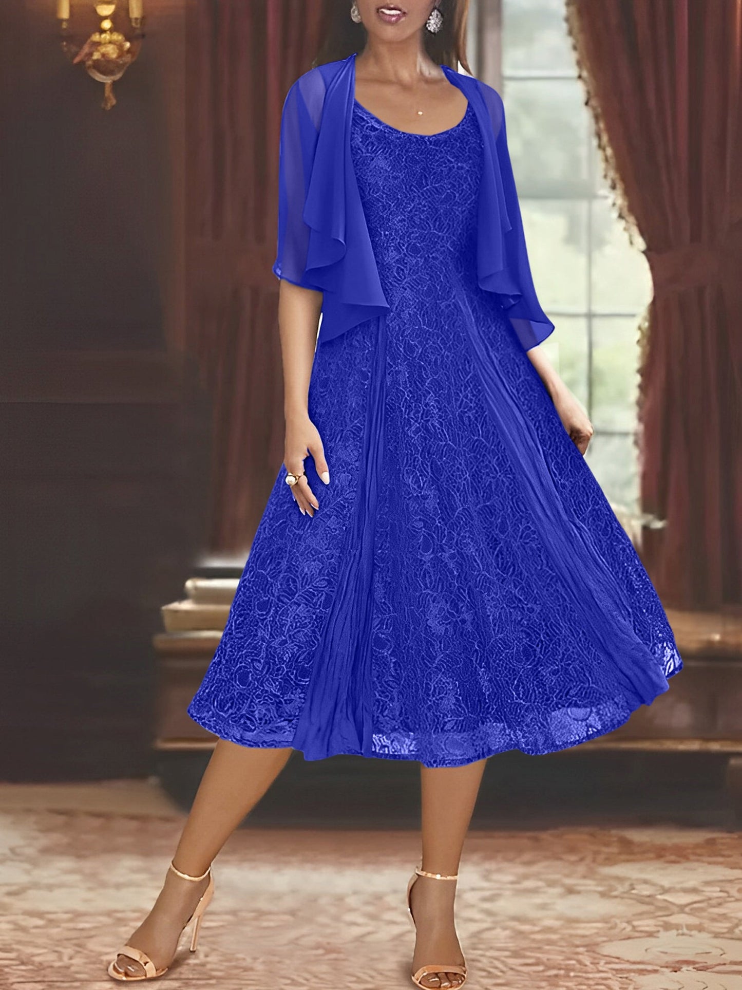 A-Line/Princess Scoop Half Sleeves Tea-Length Mother of the Bride Dresses with Appliques & Jackets