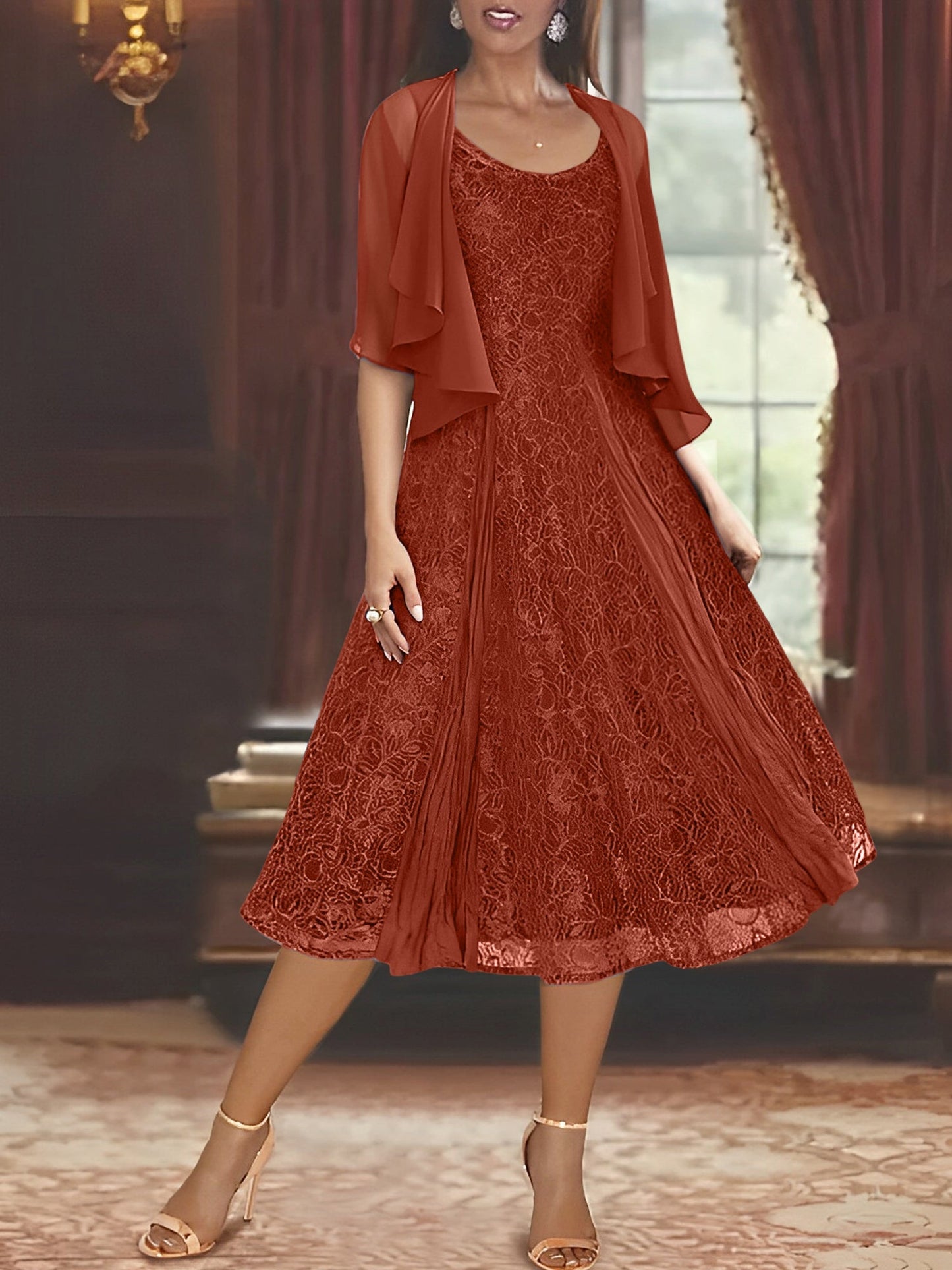 A-Line/Princess Scoop Half Sleeves Tea-Length Mother of the Bride Dresses with Appliques & Jackets