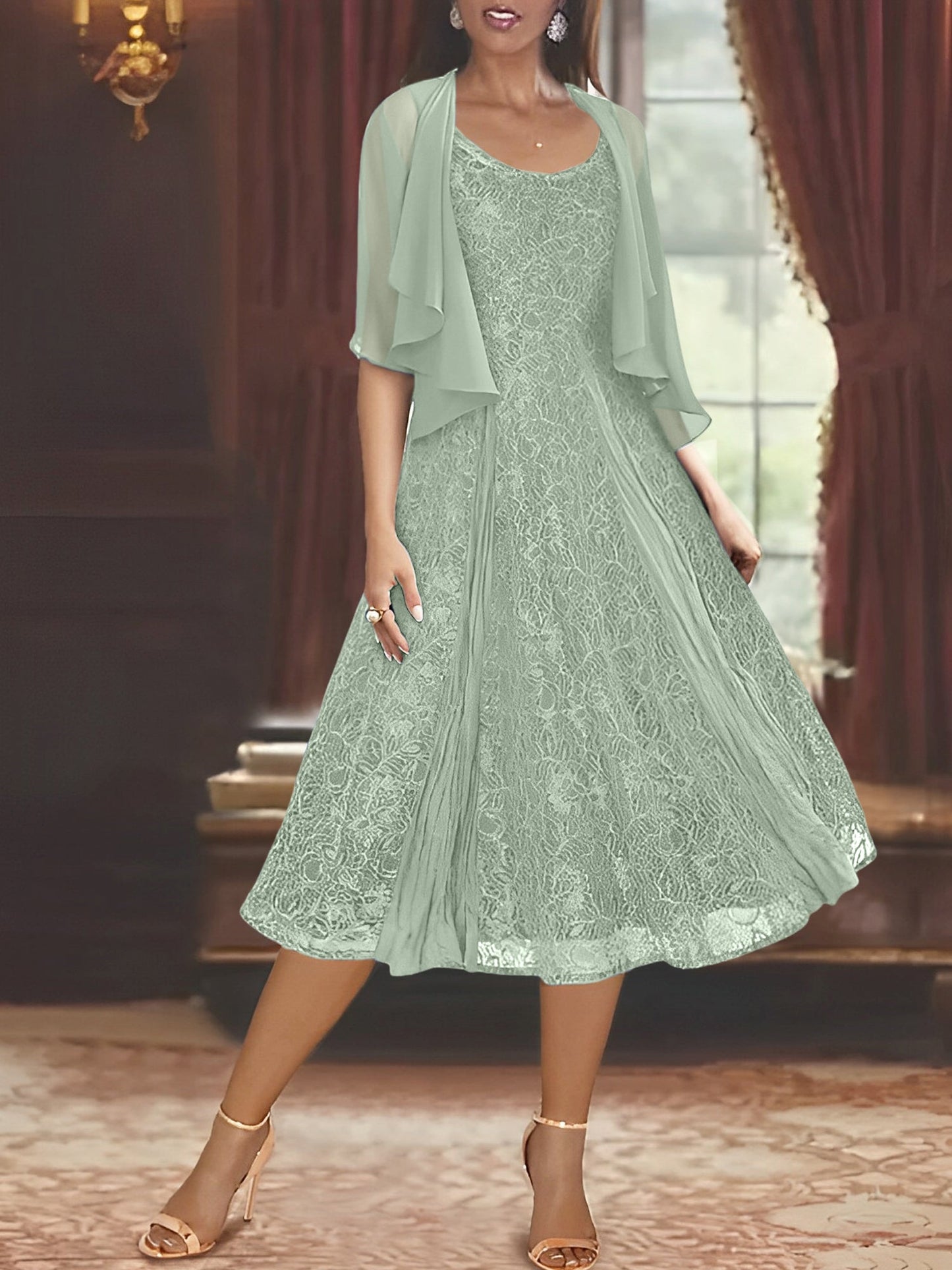 A-Line/Princess Scoop Half Sleeves Tea-Length Mother of the Bride Dresses with Appliques & Jackets