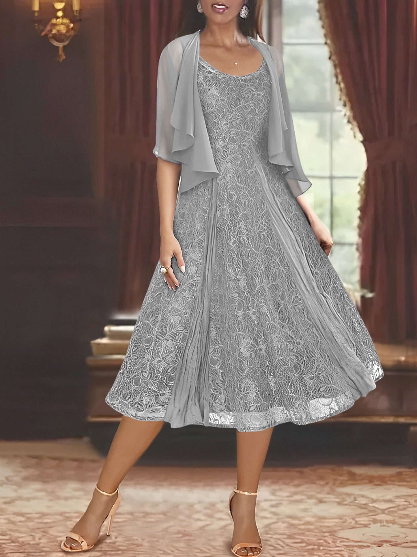 A-Line/Princess Scoop Half Sleeves Tea-Length Mother of the Bride Dresses with Appliques & Jackets