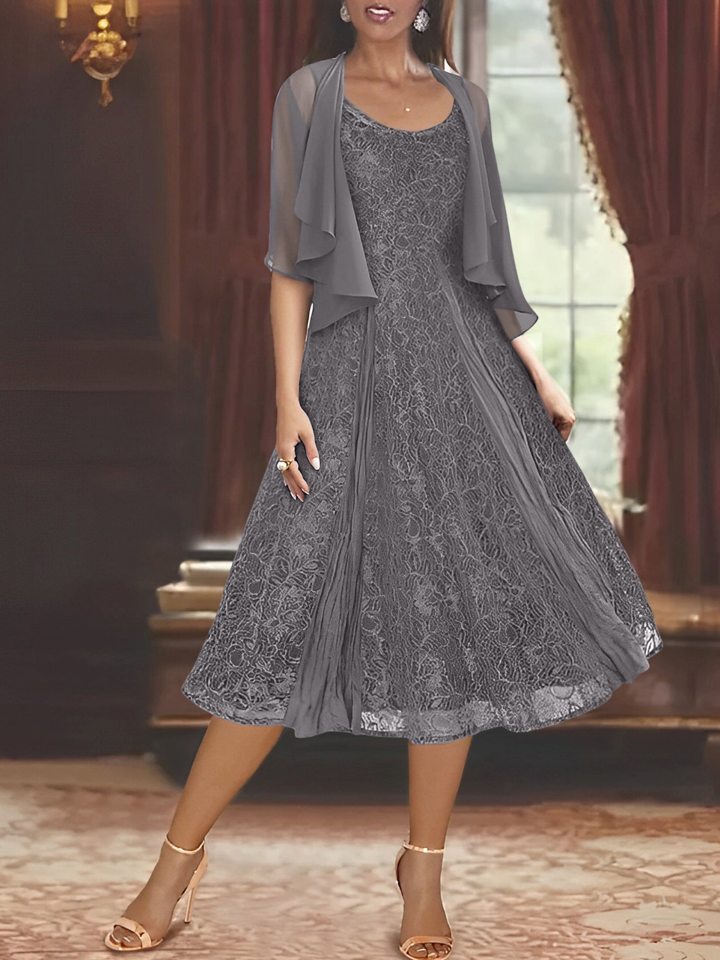 A-Line/Princess Scoop Half Sleeves Tea-Length Mother of the Bride Dresses with Appliques & Jackets