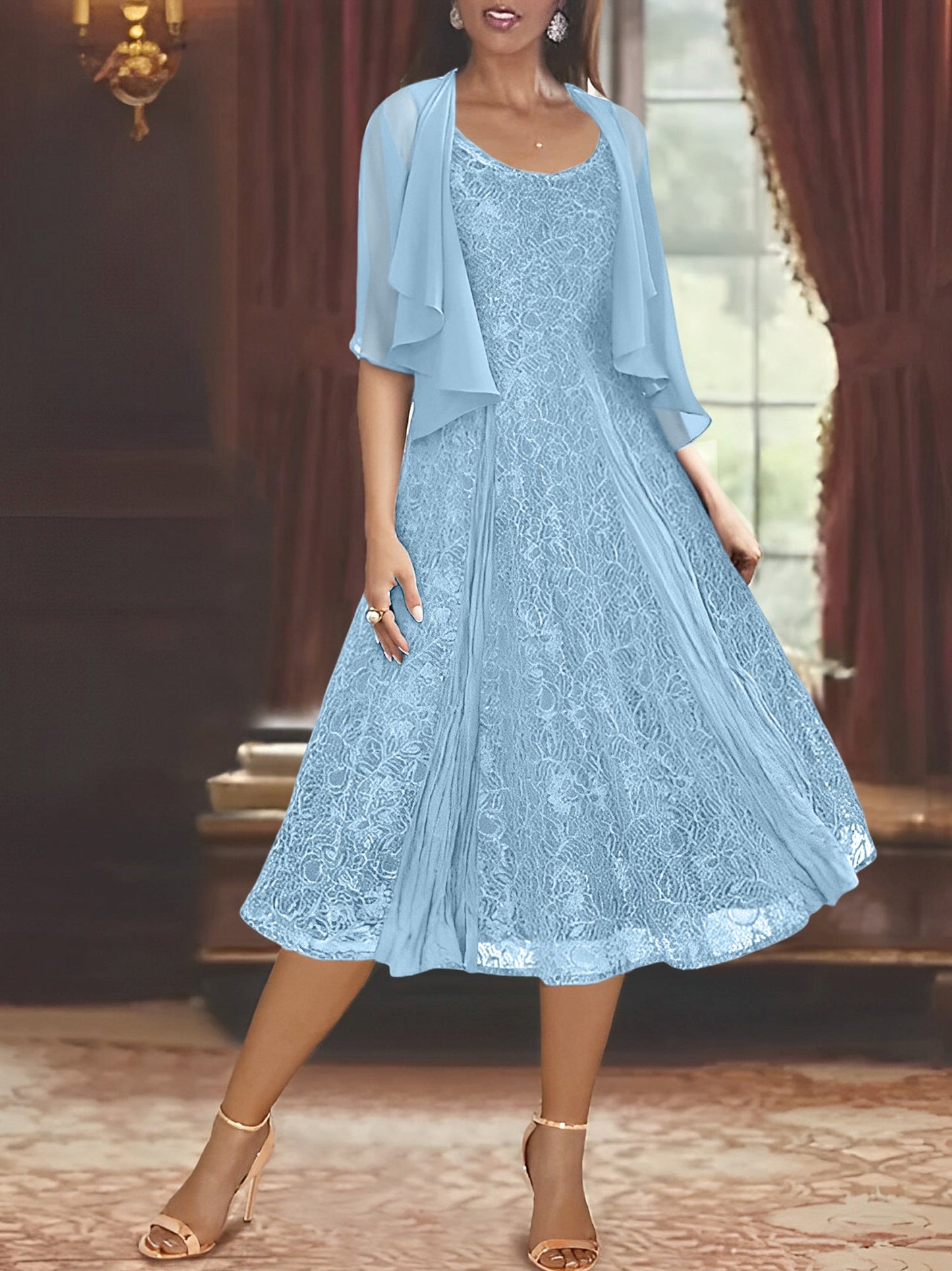 A-Line/Princess Scoop Half Sleeves Tea-Length Mother of the Bride Dresses with Appliques & Jackets