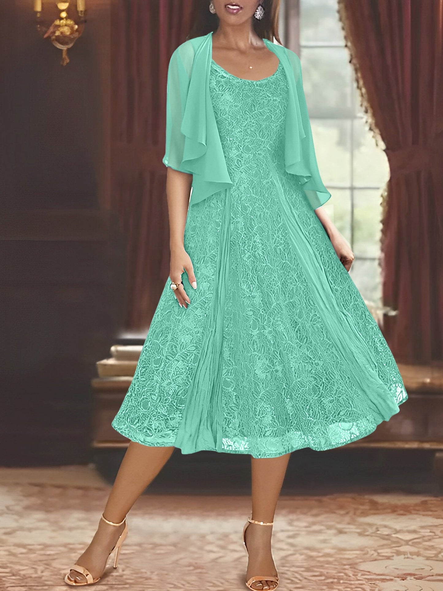 A-Line/Princess Scoop Half Sleeves Tea-Length Mother of the Bride Dresses with Appliques & Jackets