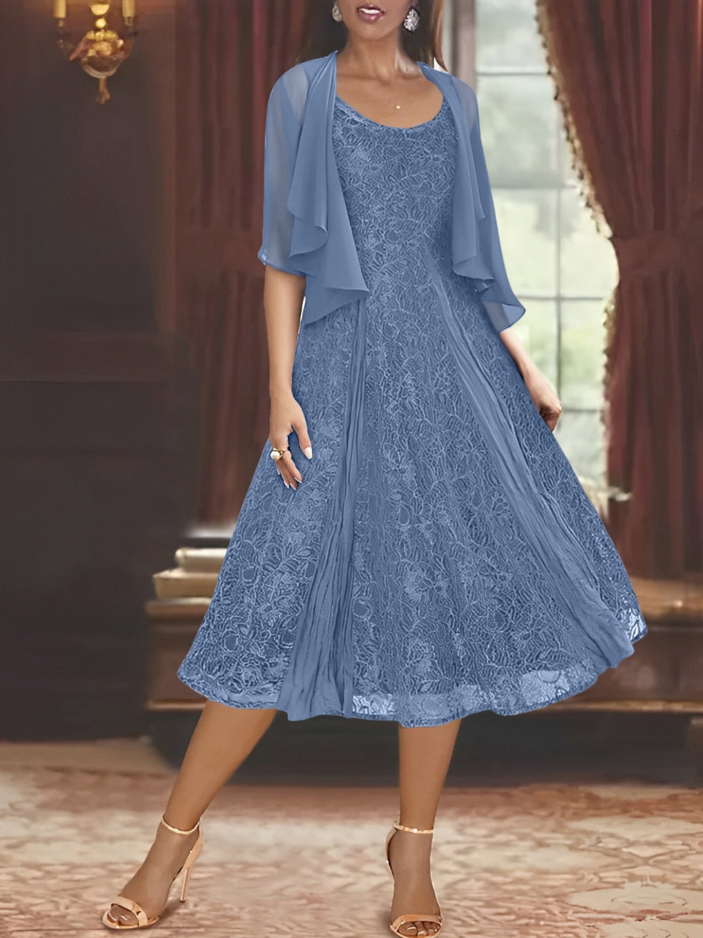 A-Line/Princess Scoop Half Sleeves Tea-Length Mother of the Bride Dresses with Appliques & Jackets