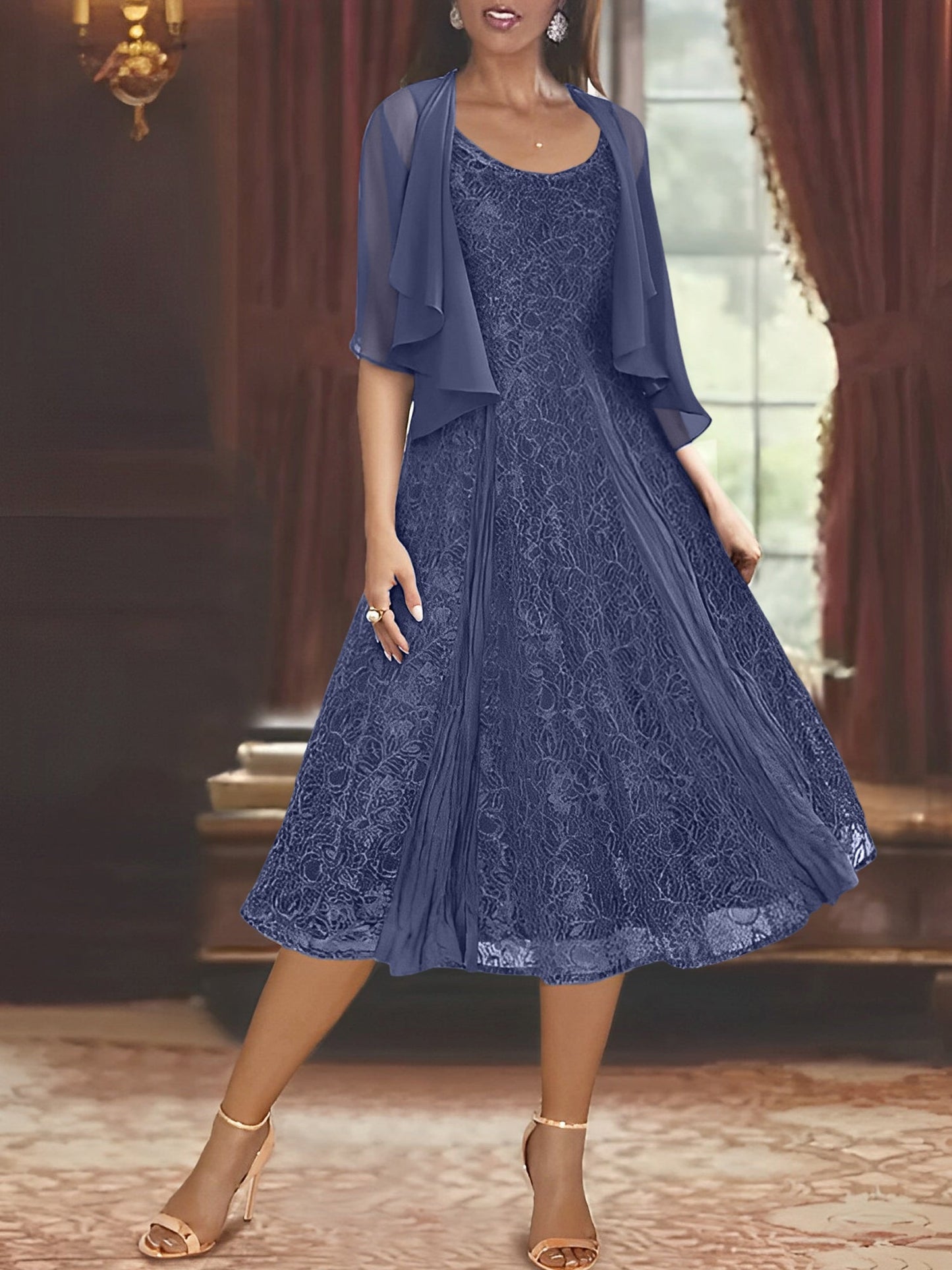 A-Line/Princess Scoop Half Sleeves Tea-Length Mother of the Bride Dresses with Appliques & Jackets