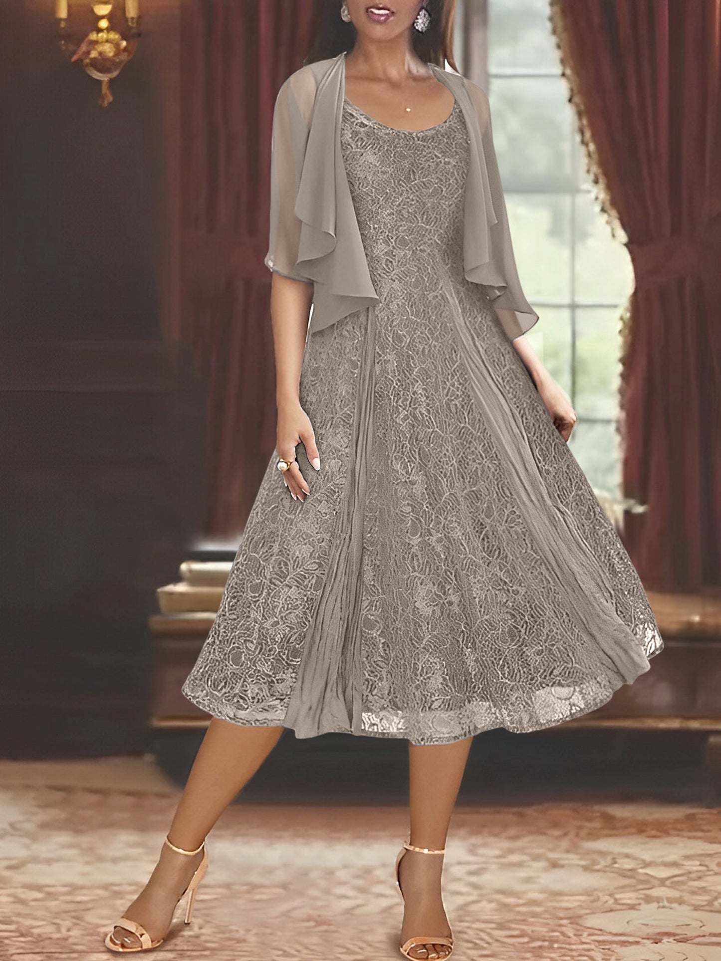 A-Line/Princess Scoop Half Sleeves Tea-Length Mother of the Bride Dresses with Appliques & Jackets
