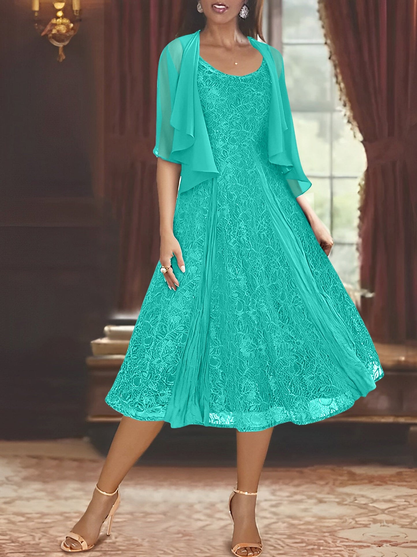 A-Line/Princess Scoop Half Sleeves Tea-Length Mother of the Bride Dresses with Appliques & Jackets