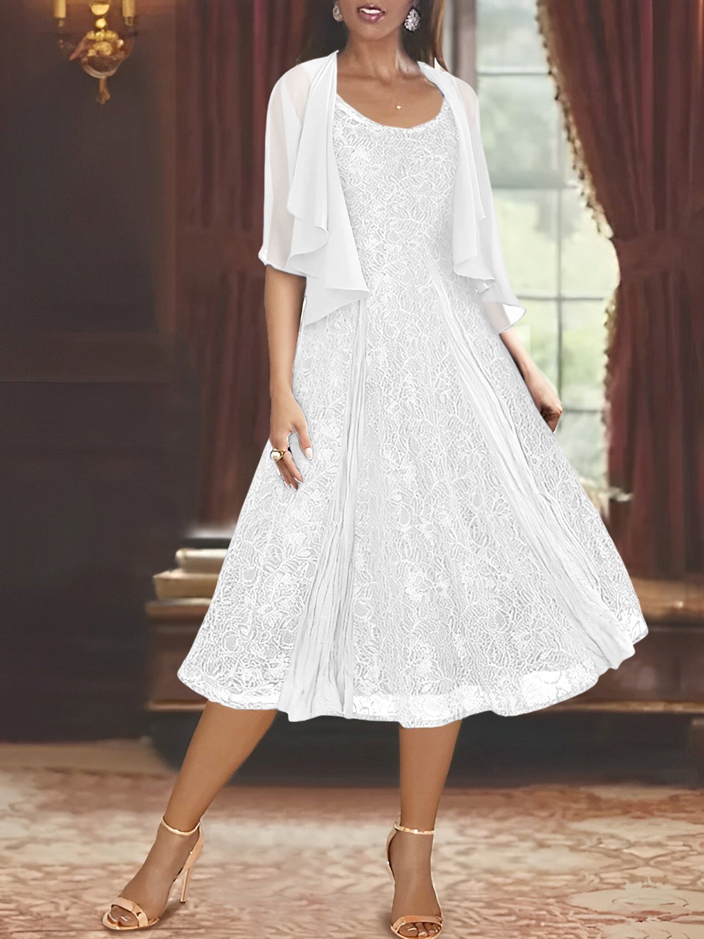 A-Line/Princess Scoop Half Sleeves Tea-Length Mother of the Bride Dresses with Appliques & Jackets