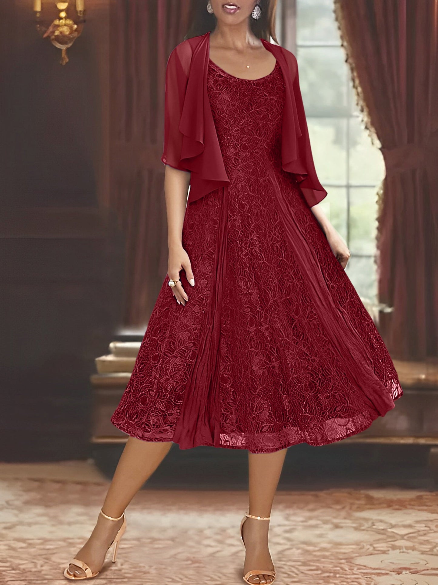 A-Line/Princess Scoop Half Sleeves Tea-Length Mother of the Bride Dresses with Appliques & Jackets