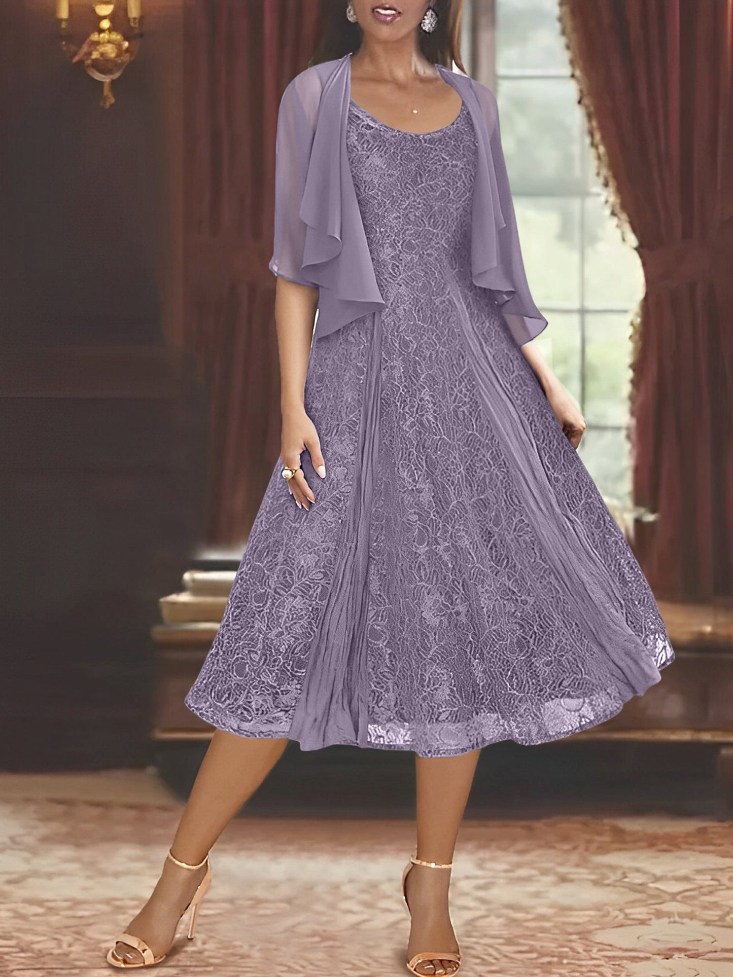 A-Line/Princess Scoop Half Sleeves Tea-Length Mother of the Bride Dresses with Appliques & Jackets