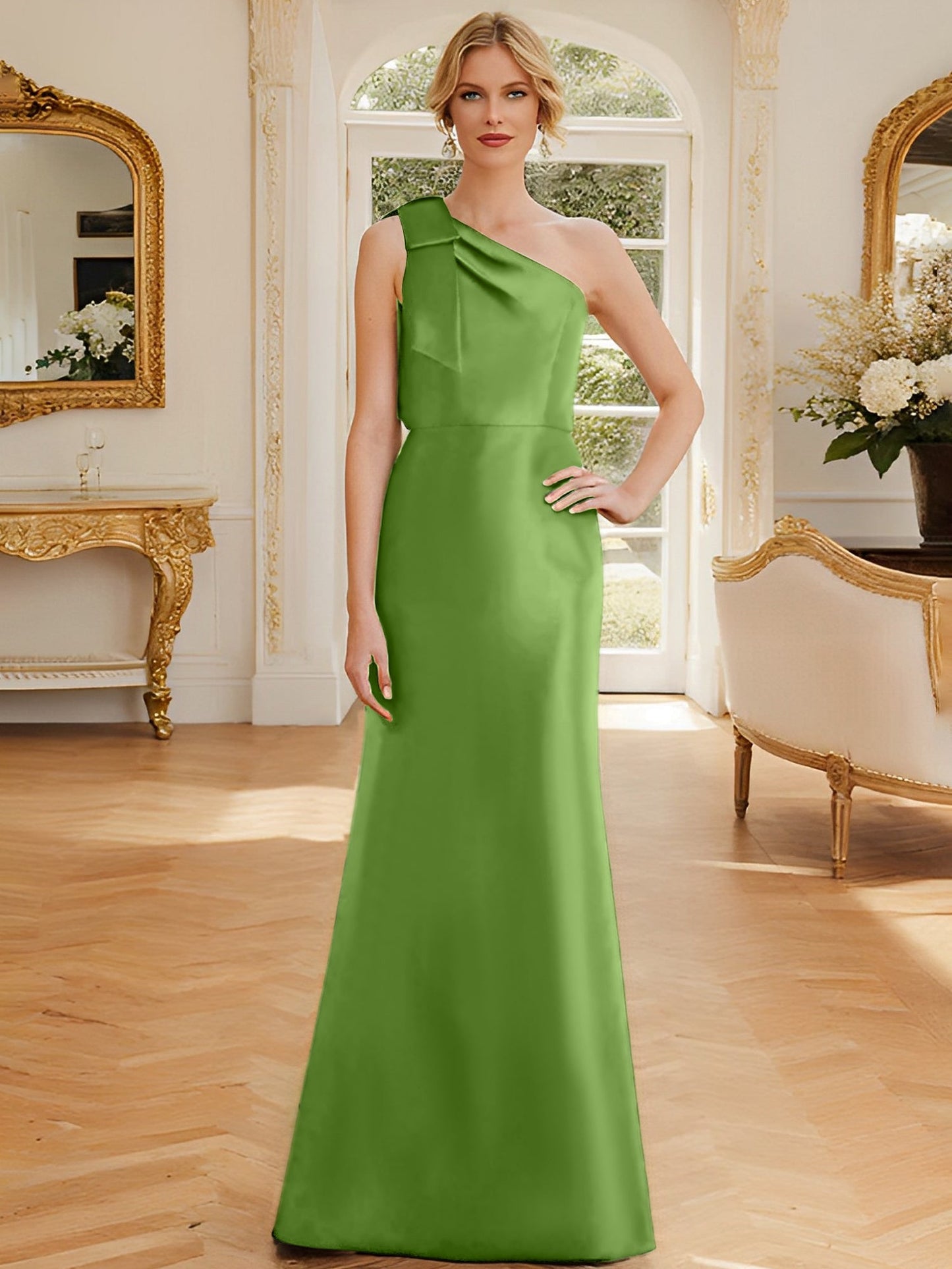 Sheath/Column One-Shoulder Sleeveless Satin Mother of the Bride Dresses with Bowknot