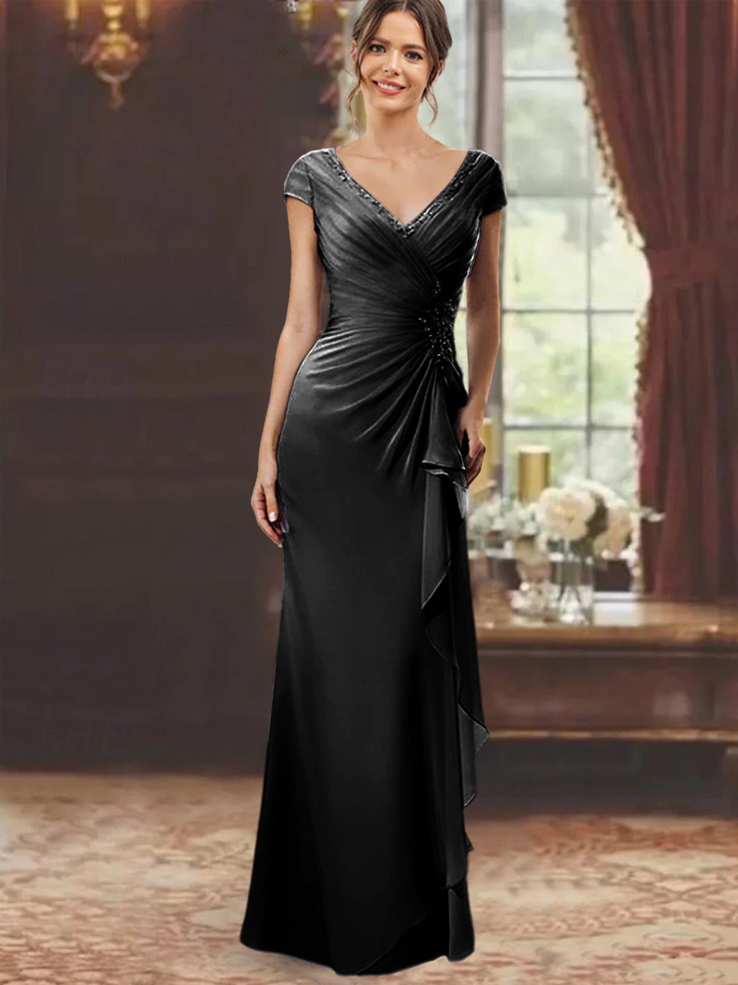 Sheath/Column V-Neck Short Sleeves Floor-Length Mother of the Bride Dresses With Ruffles & Appliques