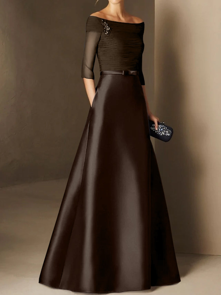 A-Line/Princess Off-the-Shoulder Short Sleeves Mother of the Bride Dresses with Belt Applique
