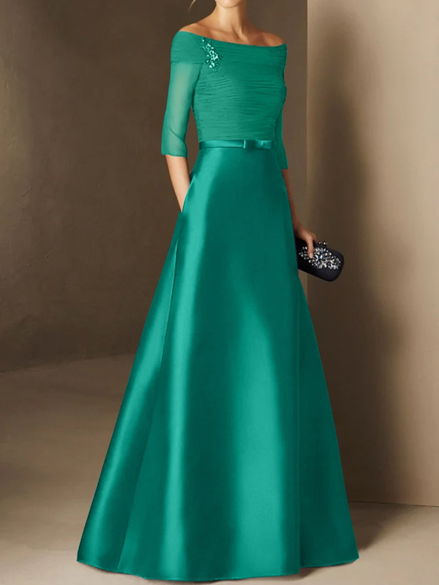 A-Line/Princess Off-the-Shoulder Short Sleeves Mother of the Bride Dresses with Belt Applique