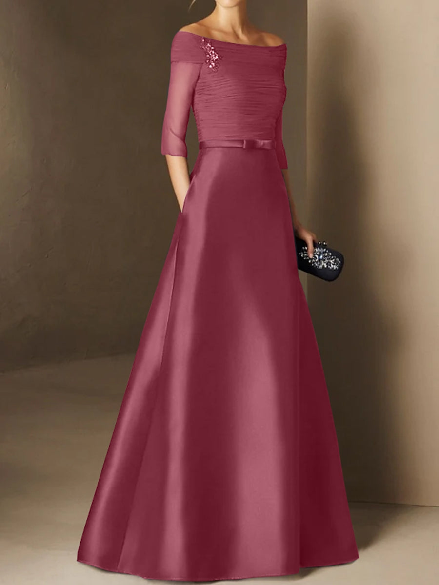 A-Line/Princess Off-the-Shoulder Short Sleeves Mother of the Bride Dresses with Belt Applique