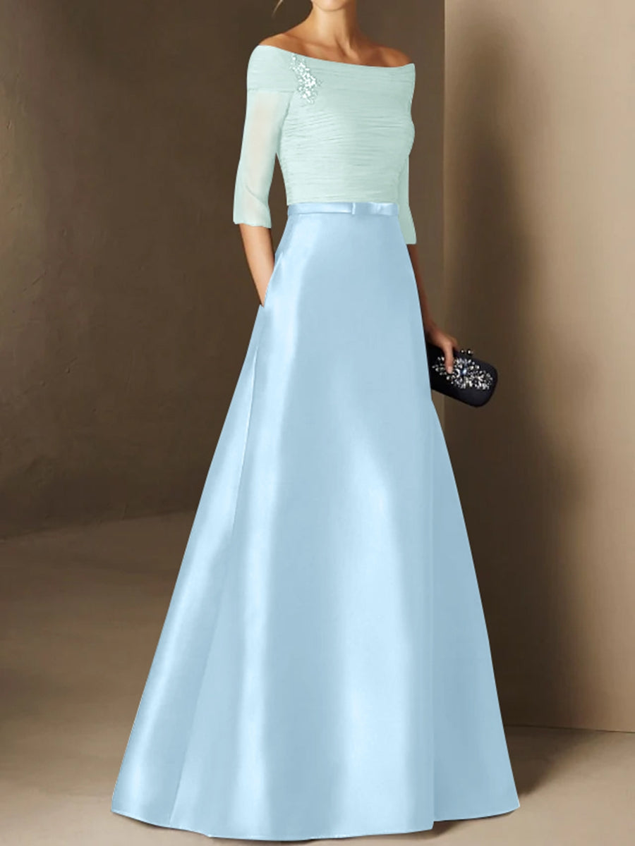 A-Line/Princess Off-the-Shoulder Short Sleeves Mother of the Bride Dresses with Belt Applique