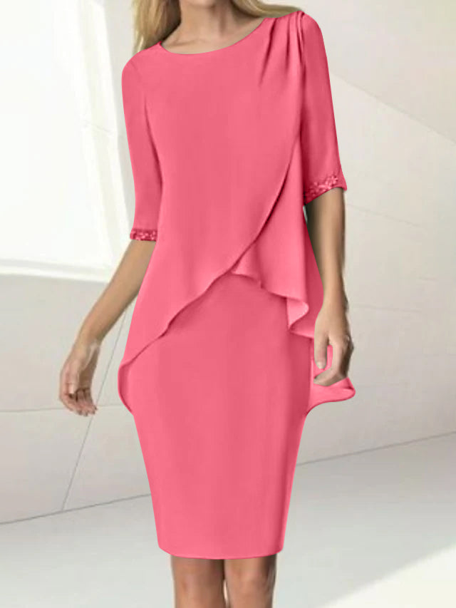 Sheath/Column Jewel Neck Knee-Length Half Sleeve Mother of the Bride Dresses with Beading Ruching