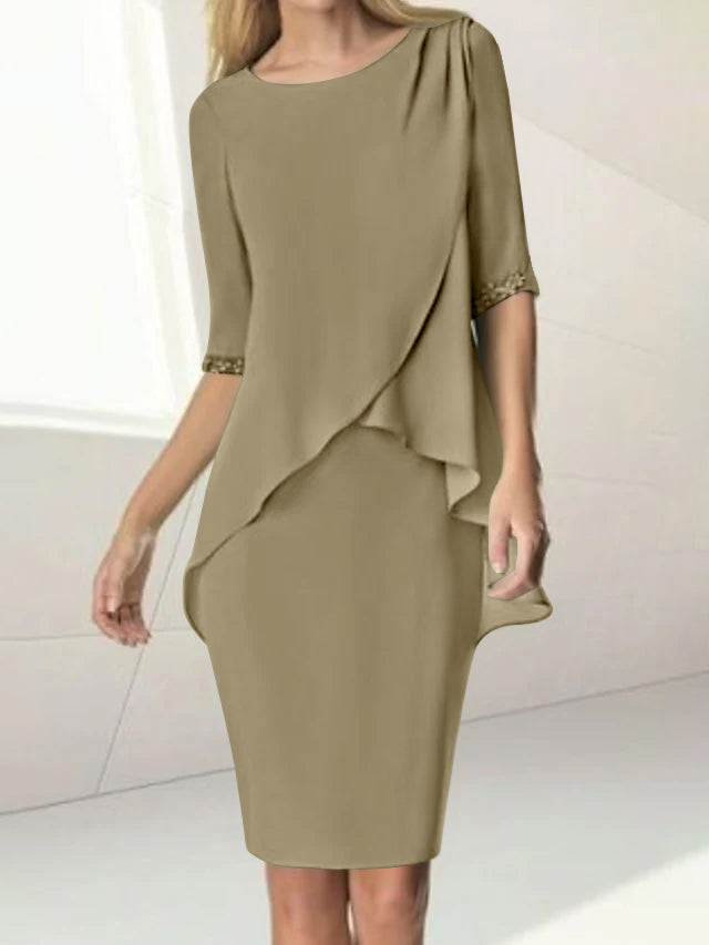 Sheath/Column Jewel Neck Knee-Length Half Sleeve Mother of the Bride Dresses with Beading Ruching