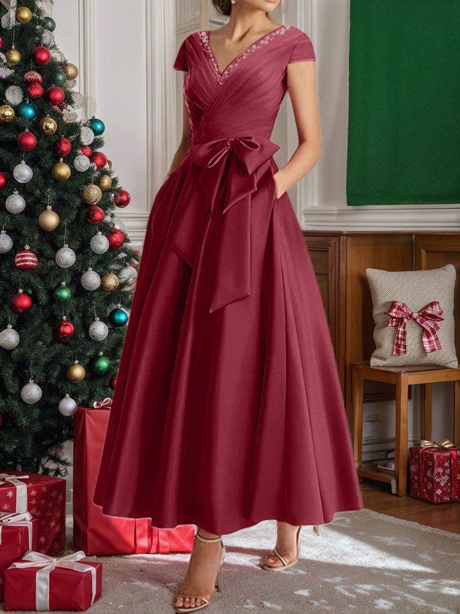 A-Line/Princess V-Neck Short Sleeves Ankle-Length Mother of the Bride Dresses With Pockets & Ruffles