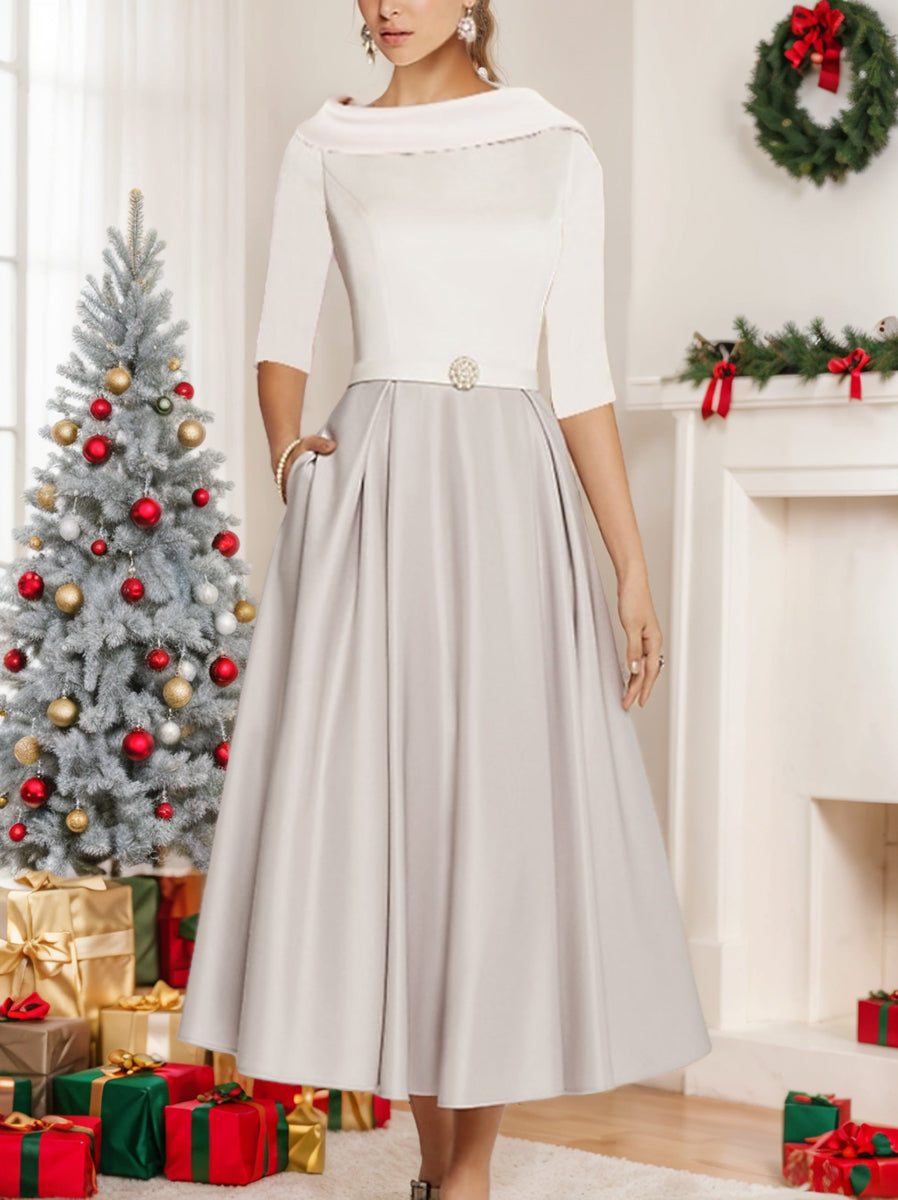 A-Line/Princess Jewel Neck Half Sleeve Tea Length Mother of the Bride Dresses with Pockets Pleats