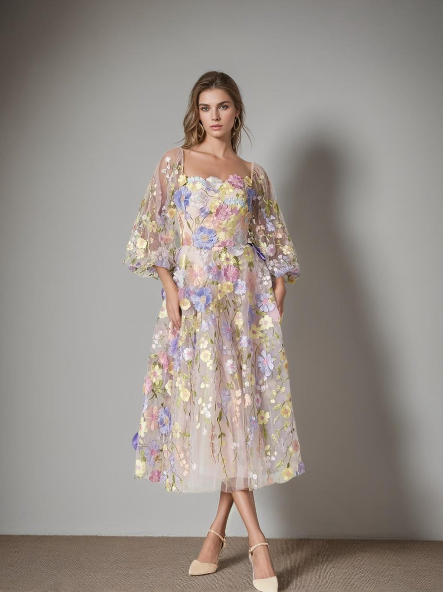 A-Line/Princess Long Sleeves Square Neck Tea-Length Mother of the Bride Dresses with Appliques