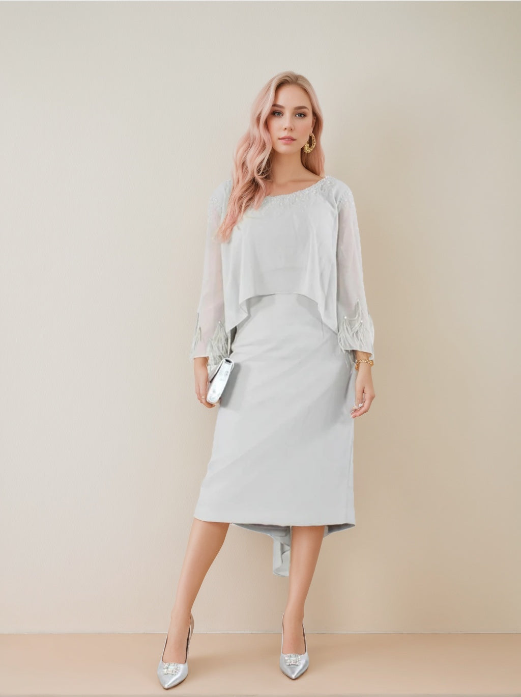 Sheath/Column Long Sleeves Round Neck Tea-Length Mother of the Bride Dresses with Tassels
