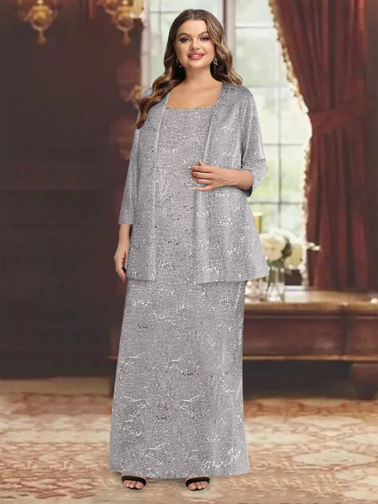 Chiffon Scoop Ankle-length Mother of the Bride Dresses with Sequins & Jacket