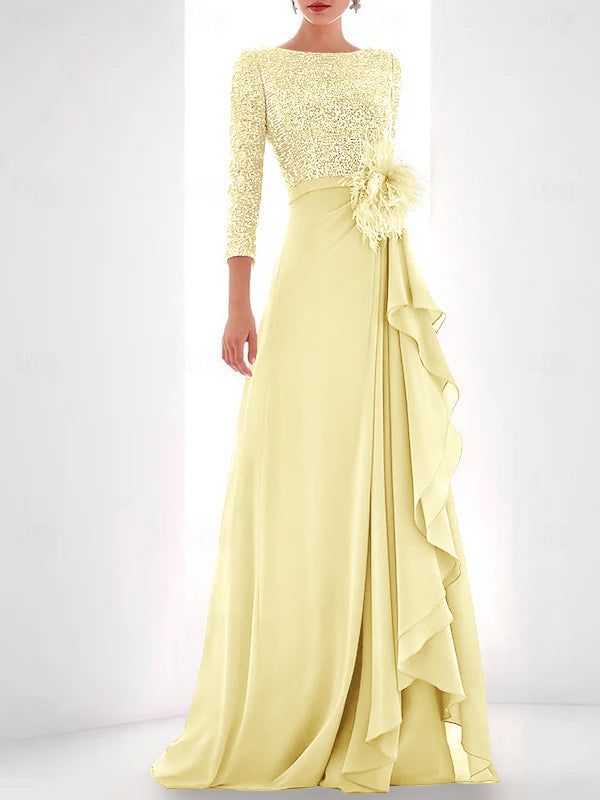 A-Line/Princess Jewel Neck Long Sleeves Asymmetrical Mother of the Bride Dresses With Sequin & Feather & Pearls