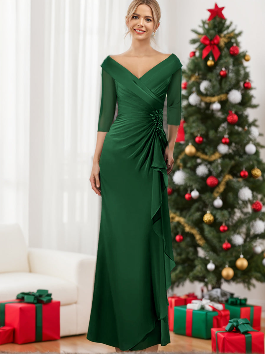 Sheath/Column V-Neck Half Sleeves Floor-Length Mother of the Bride Dresses with Ruffles & Appliques