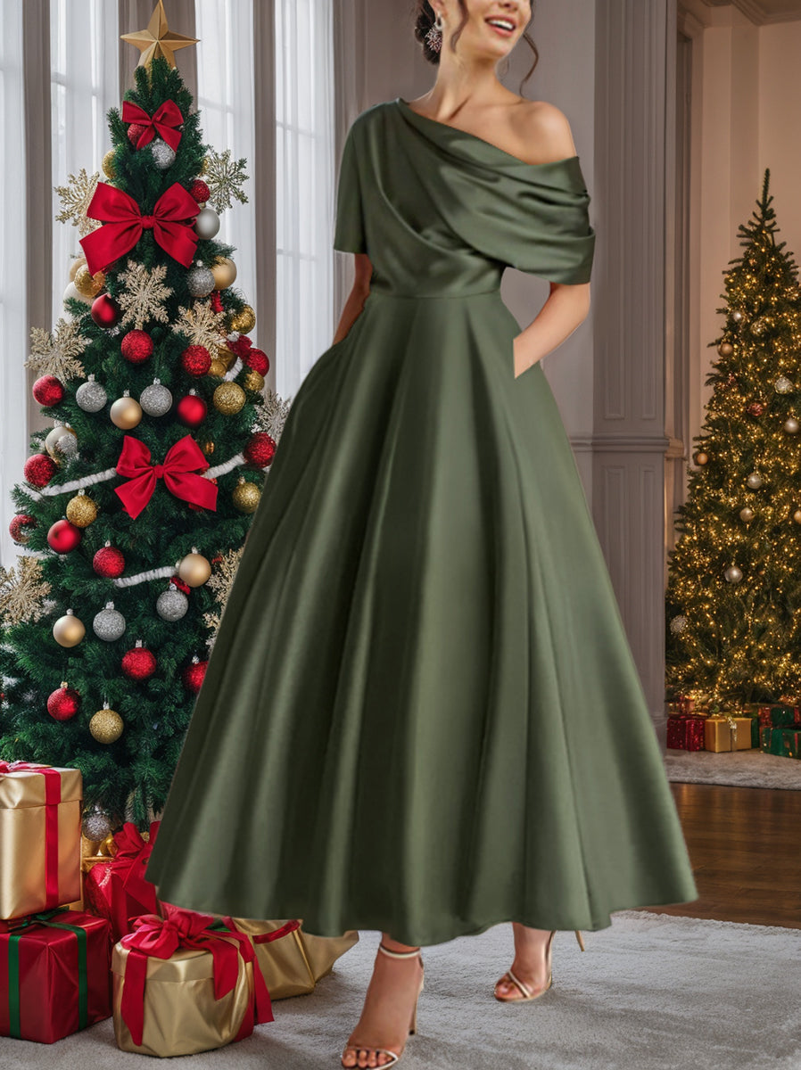 A-Line/Princess One-shoulder Half Sleeve Ankle-Length Mother of the Bride Dresses with Ruffles