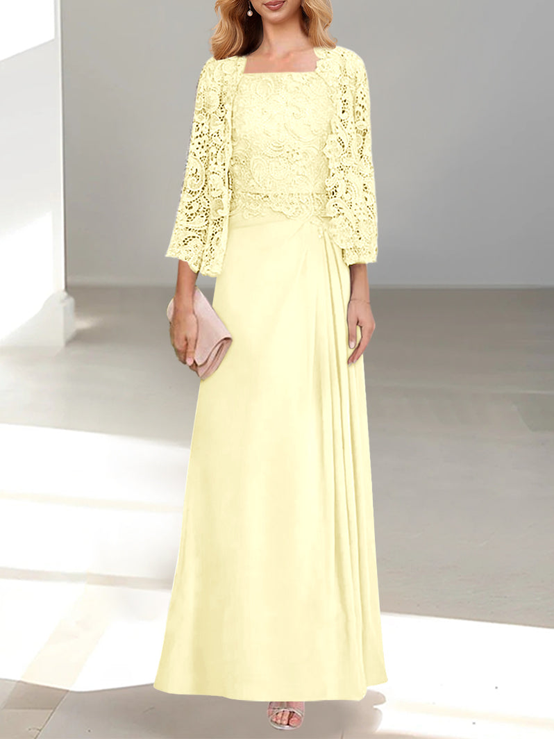 2 Pieces A-Line/Princess Scoop Floor-Length Mother of the Bride Dresses with Pleated & Lace Appliques