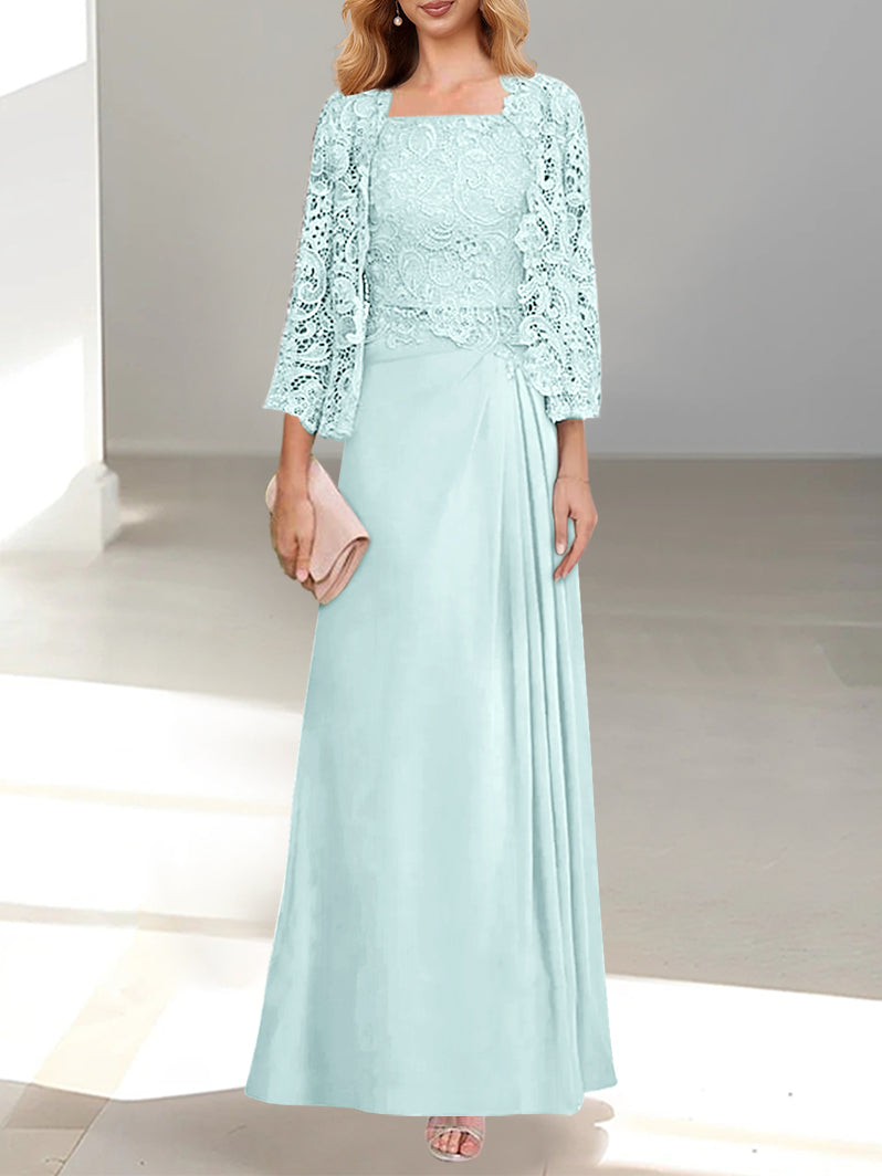 2 Pieces A-Line/Princess Scoop Floor-Length Mother of the Bride Dresses with Pleated & Lace Appliques