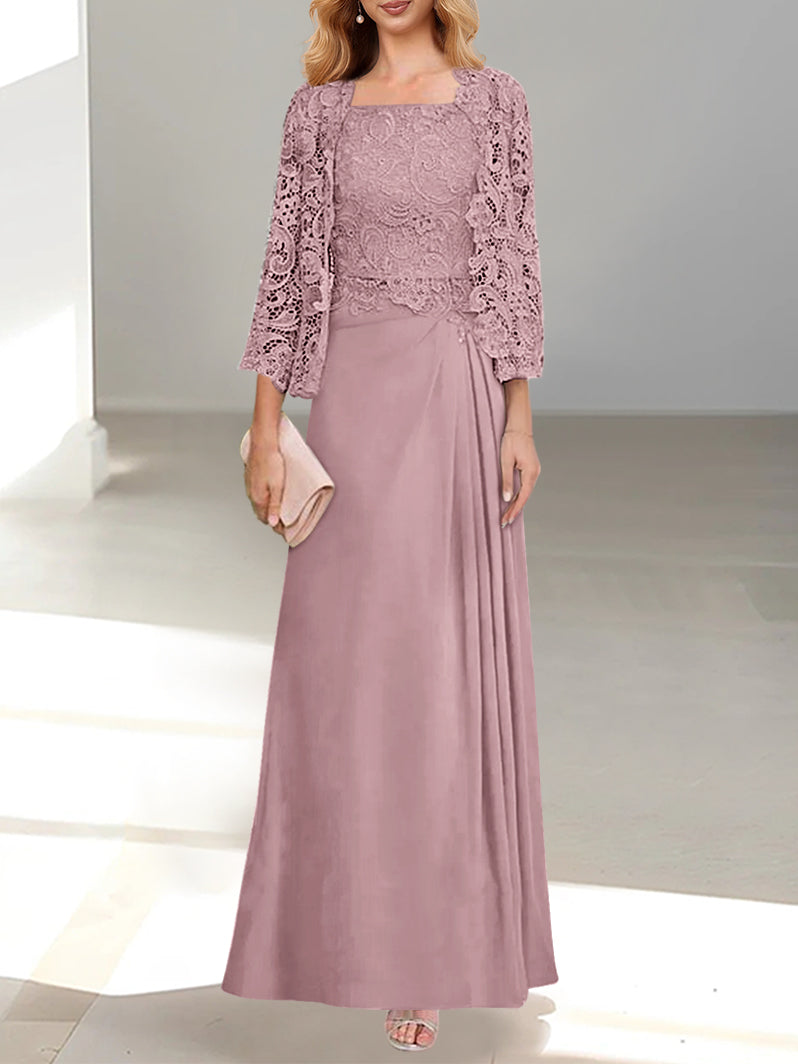 2 Pieces A-Line/Princess Scoop Floor-Length Mother of the Bride Dresses with Pleated & Lace Appliques