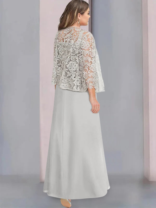 2 Pieces A-Line/Princess Scoop Floor-Length Mother of the Bride Dresses with Pleated & Lace Appliques