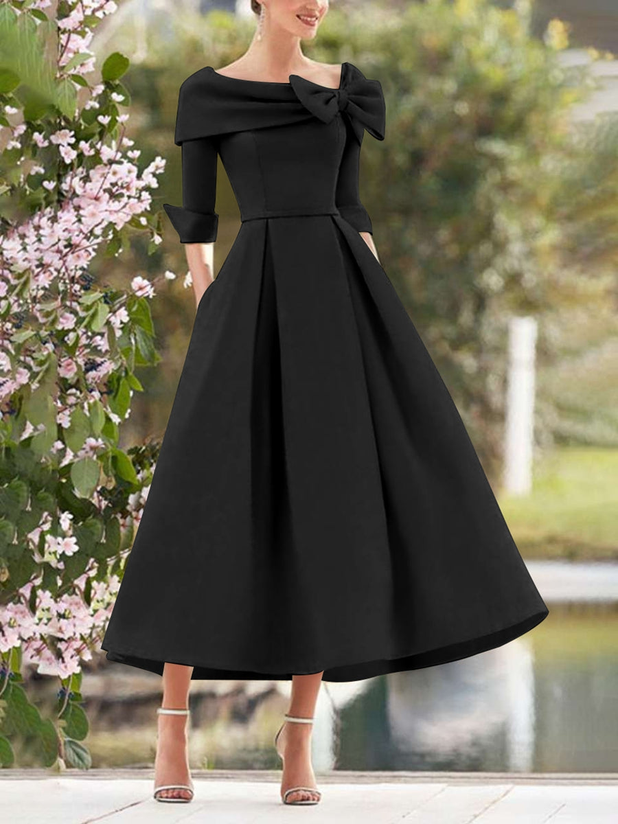 A-Line/Princess Cowl Neck Bow(s) 3/4 Sleeves Tea Length Elegant Mother of the Bride & Groom Dresses