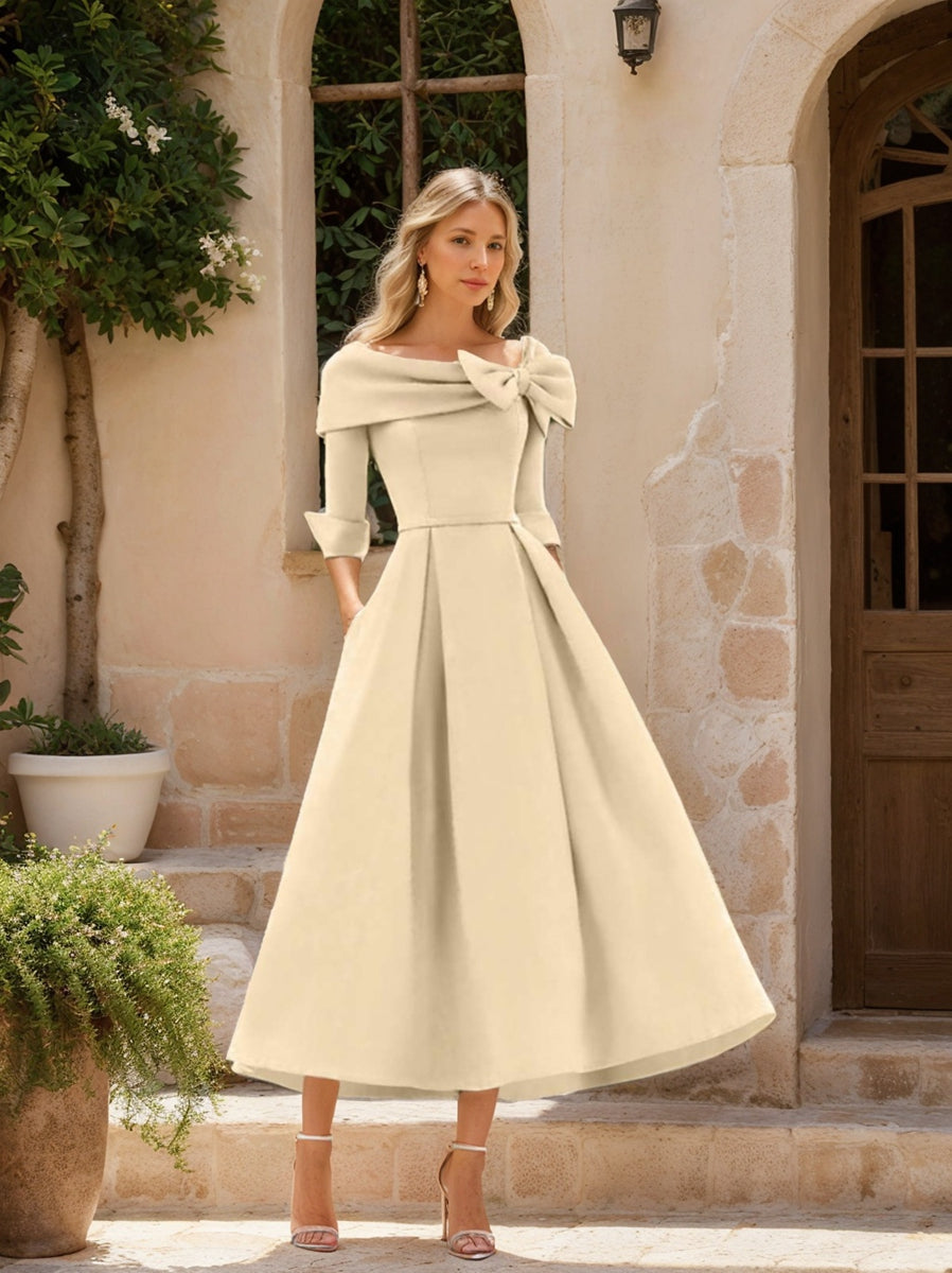 A-Line/Princess Cowl Neck Bow(s) 3/4 Sleeves Tea Length Elegant Mother of the Bride & Groom Dresses