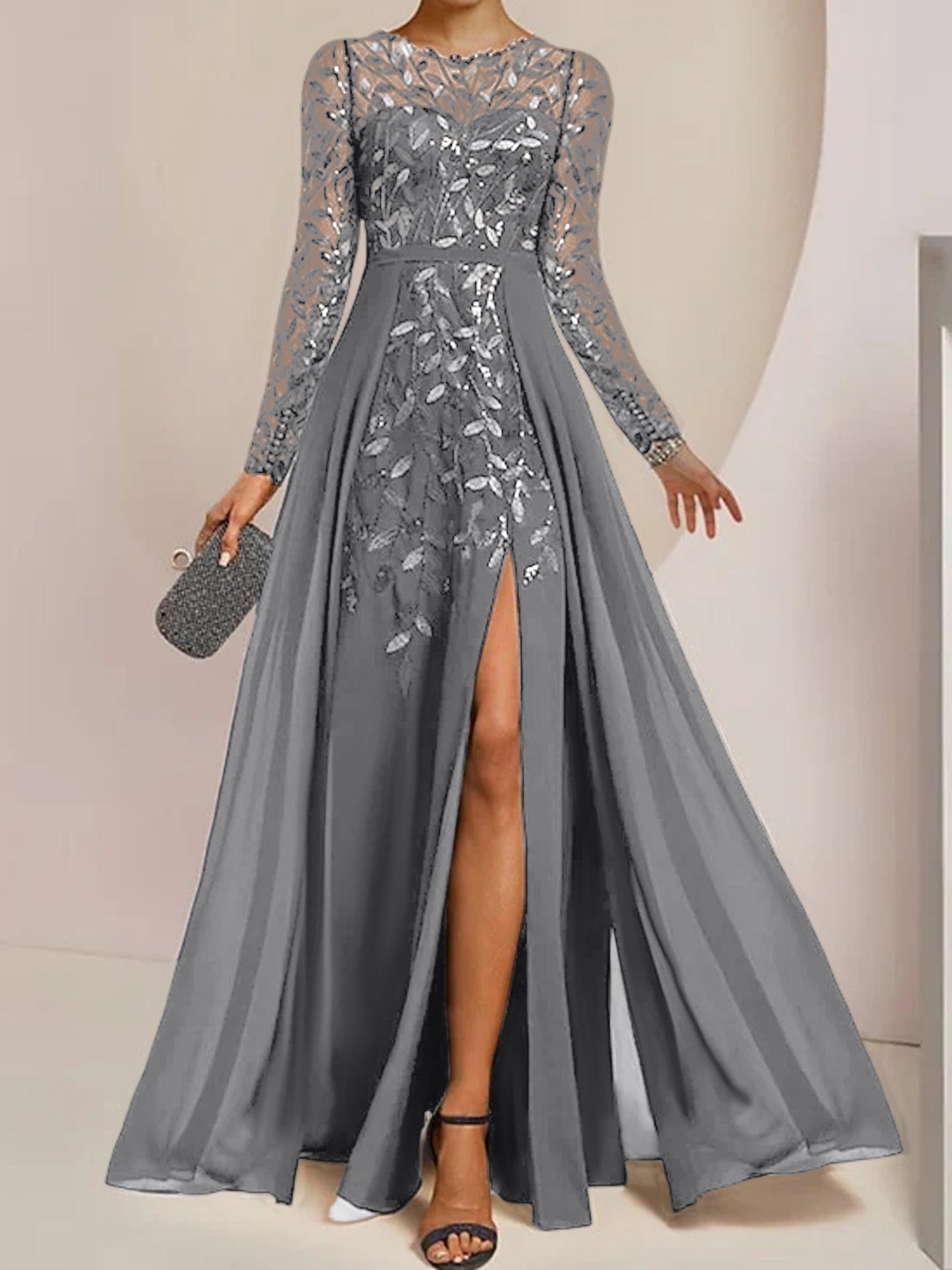 A-Line/Princess Scoop Long Sleeves Floor-Length Mother of the Bride Dresses with Split Side, Ruffles & Sequins