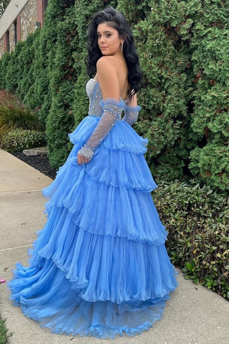 Lana | Vestido de fiesta de organza con escote en forma de A y mangas desmontables