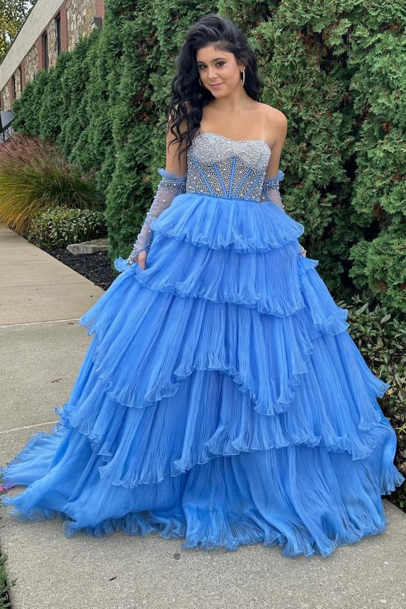 Lana | Vestido de fiesta de organza con escote en forma de A y mangas desmontables