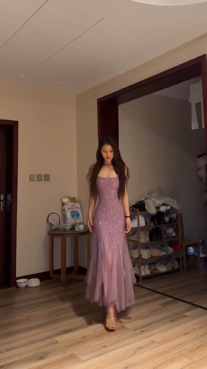 Vestido elegante de fiesta formal de noche con tirantes finos y lentejuelas de tul fg7484