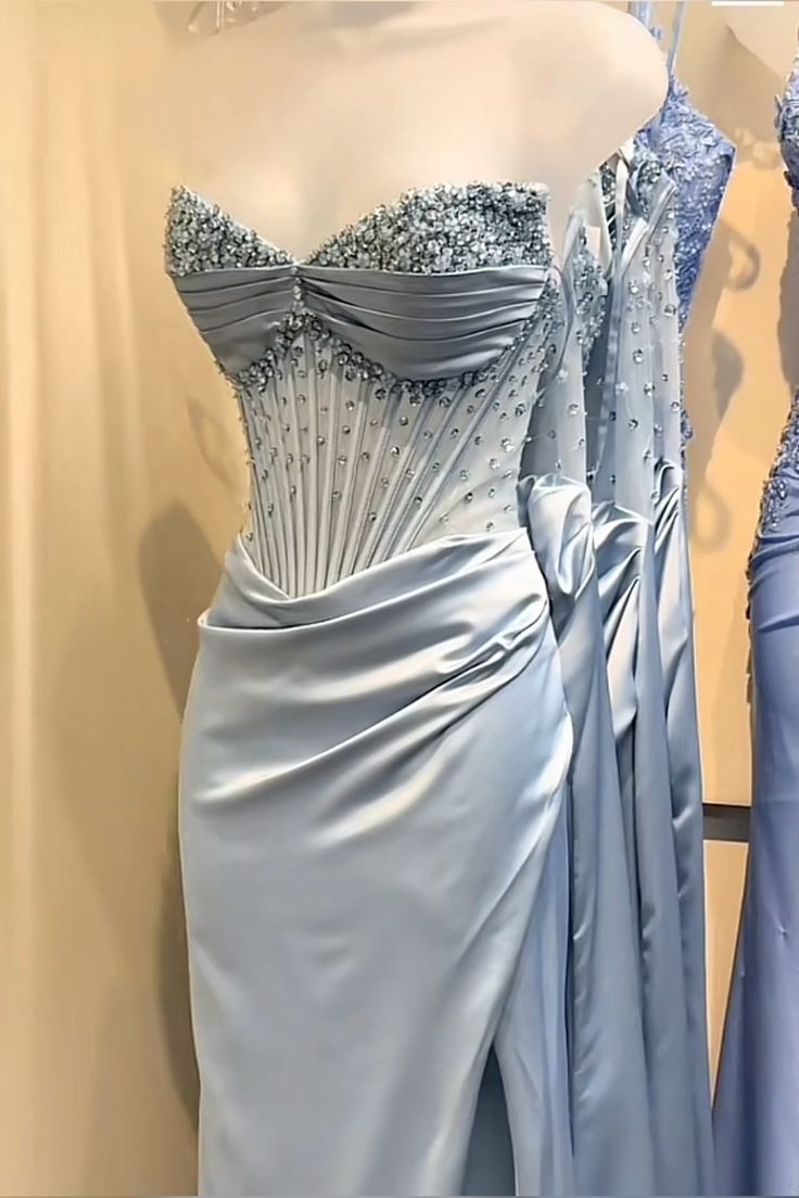 Vestido formal fruncido con corsé y cuentas de color azul claro, vestido de fiesta azul fg7488