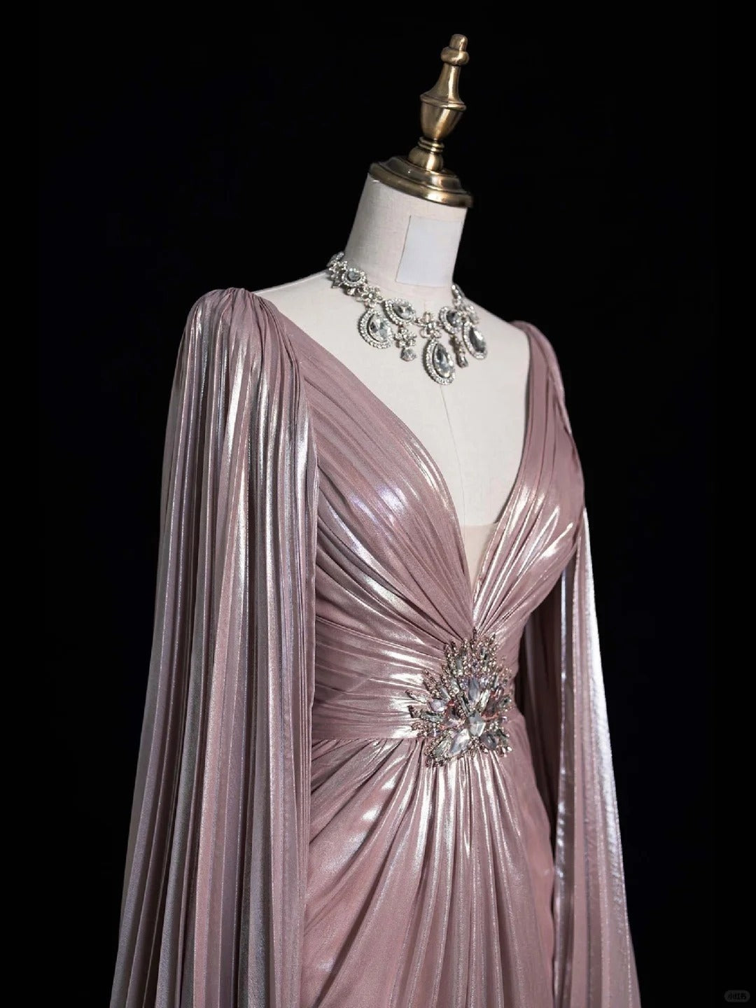 Vestido de fiesta de noche de lujo de corte A, manga larga, escote en V, brillante, hecho a medida, fg7452