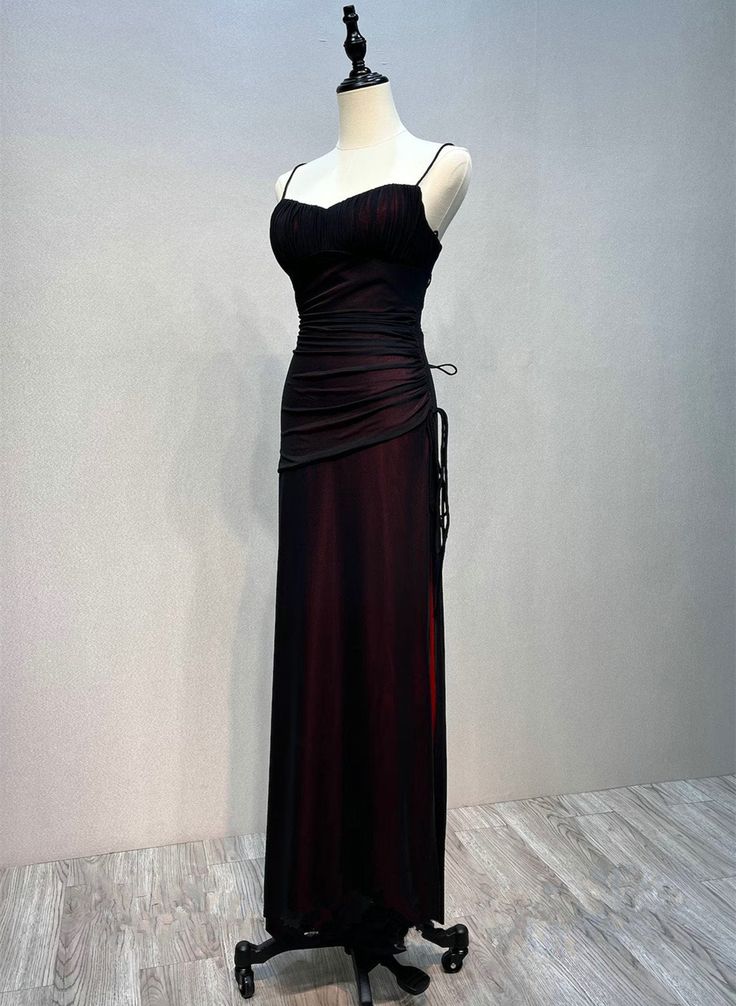Black And Red Mermaid Straps Long Evening Dress, Long Prom Dress With Leg Slit fg6203